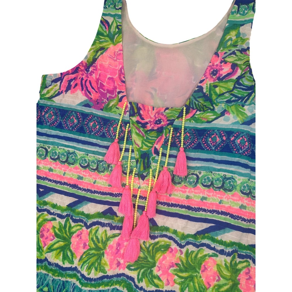 Lilly Pulitzer Pink Green Blue Floral Tassel Back Ruffle Hem Shift Dress Small - Picture 6 of 9